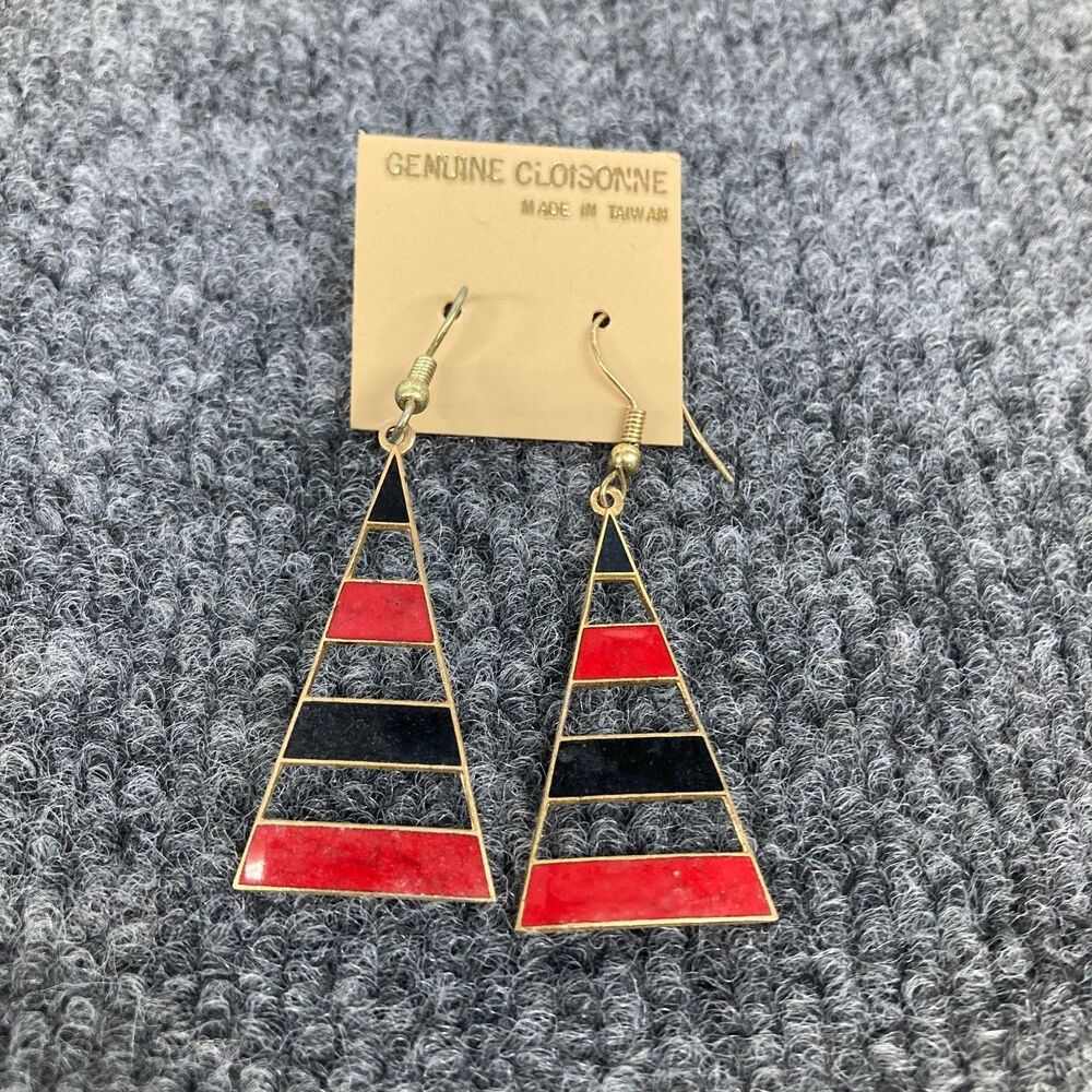 Genuine Cloisonne Earrings Red Black Gold Tone Triangle Dangle Drop Made in